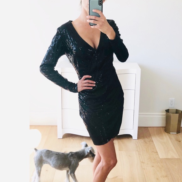 VEGAS Black Long Sleeve Sequin Surplice Dress - Picture 9 of 10